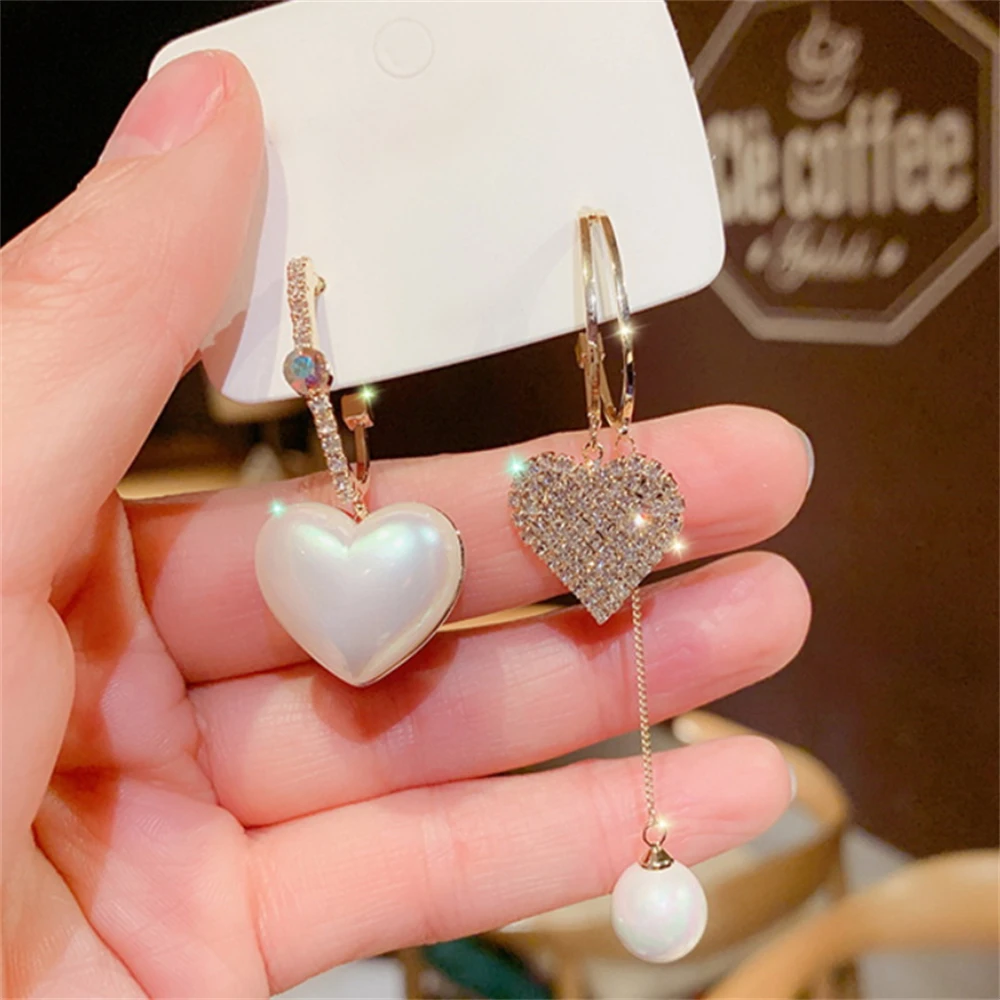 

Fashion Zircon Heart Pearl Hoop Earrings For Women Asymmetric 2 Sided Long Tassel Gold Color Earrings Statement Wedding Jewelry