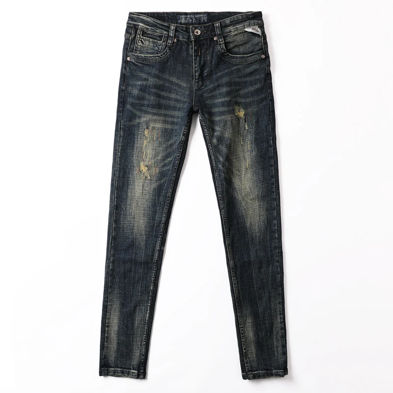 Italian Style Fashion Men Jeans Retro Black Blue Stretch Slim Ripped Jeans Men Embroidery Designer Vintage Denim Pants Hombre