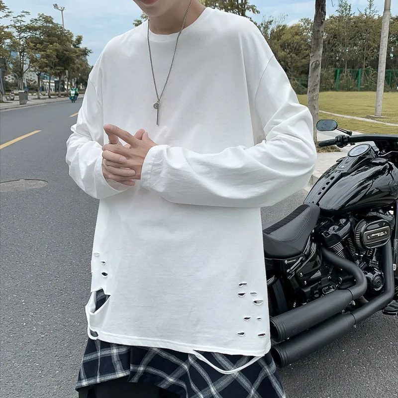 Футболка мужская с отверстиями в стиле хип-хоп однотонная Модная рубашка