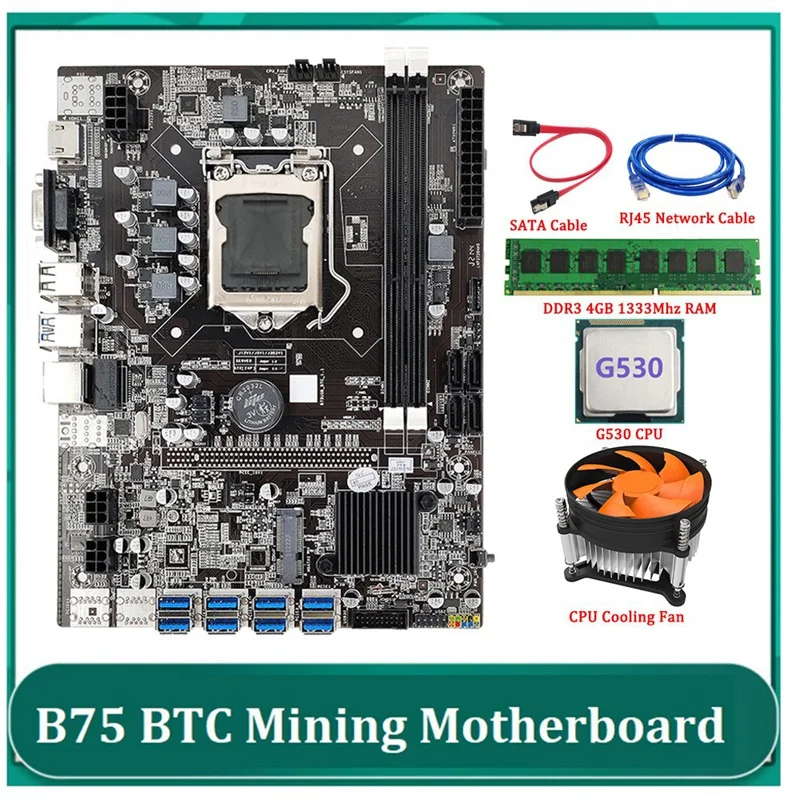 Eth Mineração Placa-mãe 8xpcie para Usb Lga1155 Ddr3 4gb 1333mhz Mais Ventilador de Refrigeração Cabo Rede Rj45 Mais G530 Cpu Btc Mineiro New-b75