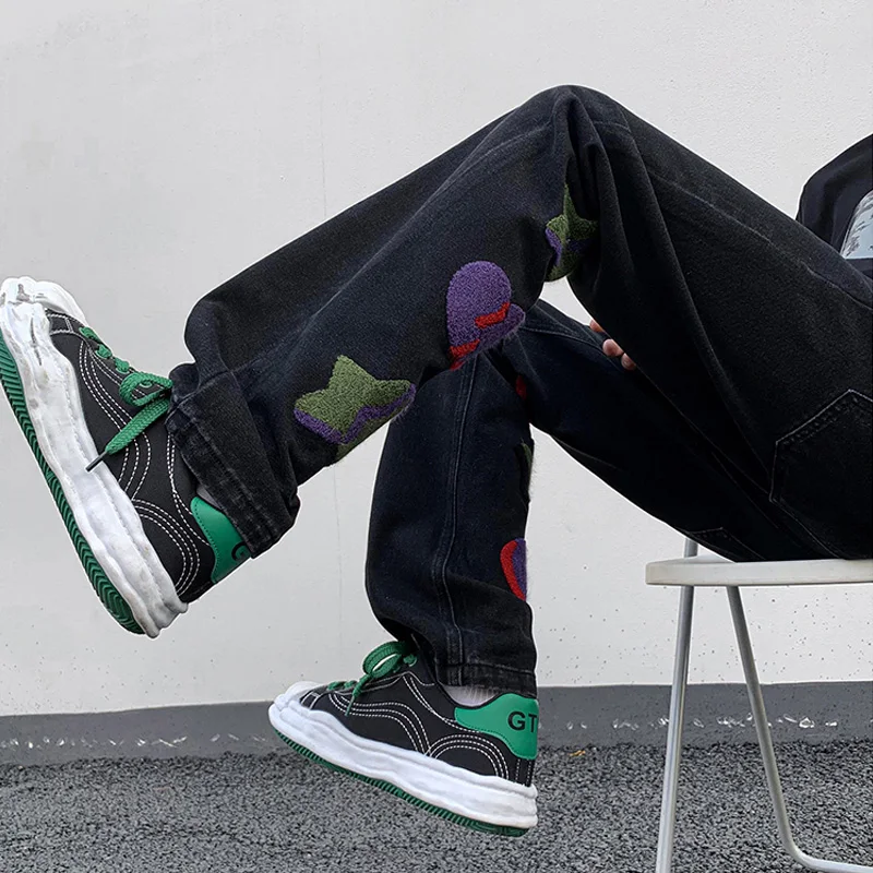 Straight Jeans Pants Men High Street Embroidery Denim Trousers Fashion Streetwear Vintage Harajuku Plus Size Male Y2K Clothing