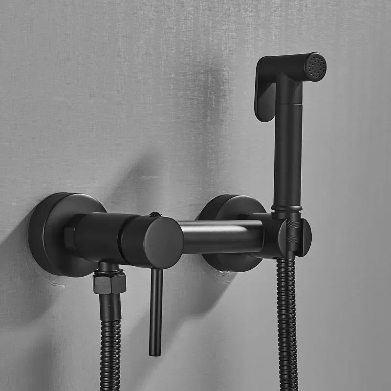 

Matte Black Bathroom Bidet Faucet Hot Cold Brass Corner Valve Hand Shower Toilet Women Faucets Wall Mount