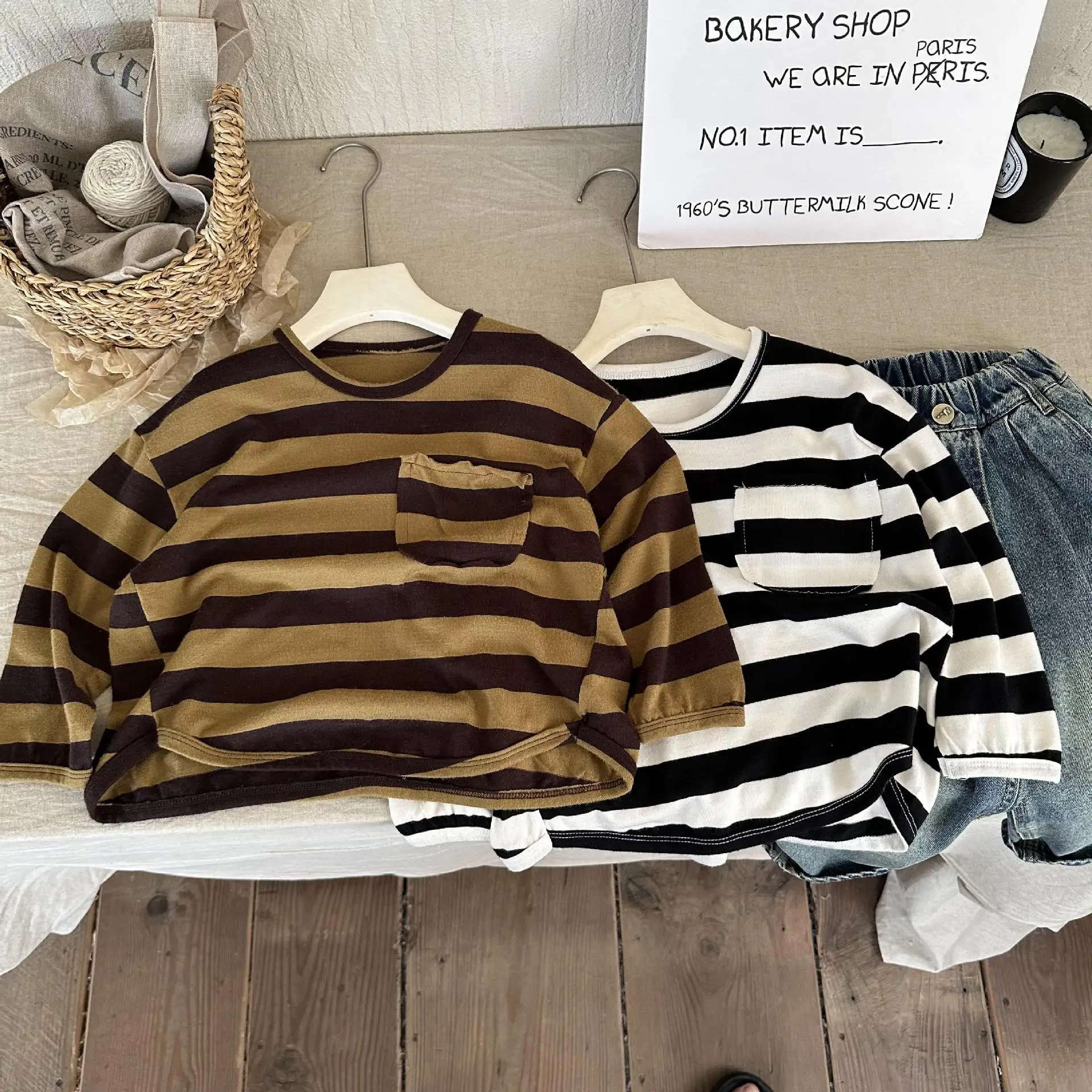 

Boys Long-sleeved T Shirt Spring Autumn Kids Undershirt Girls Striped Korean Style Thin Long Sleeve Casual Simple Baby T Shirt