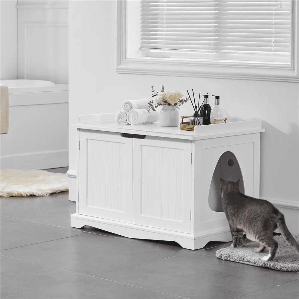 

Easyfashion Wooden Cat Litter Box Furniture with Door, White