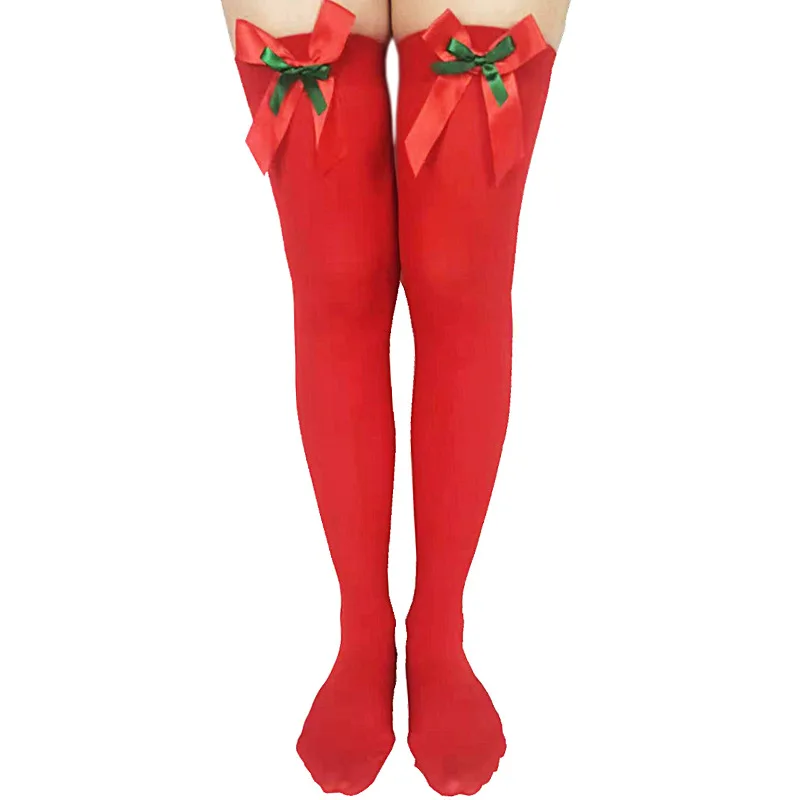 Woman X'mas Clothings 2Pairs Per Set Red Green Christmas Bowknot Breathable Silk Stockings Santa Claus Halloween Cosplay Costume