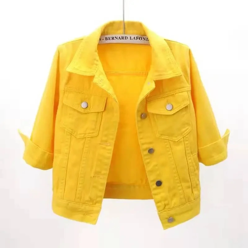 Womens Denim Jacket Spring Autumn Short Coat Pink Jean Jackets Casual Tops Purple Yellow White Loose Tops Lady Outerwear Howdfeo