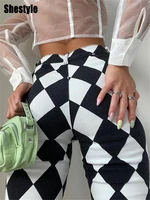 shestyle plaid diamond print fashion women pants autumn cube checkerboard goth black and white zip fly casual flare trousers