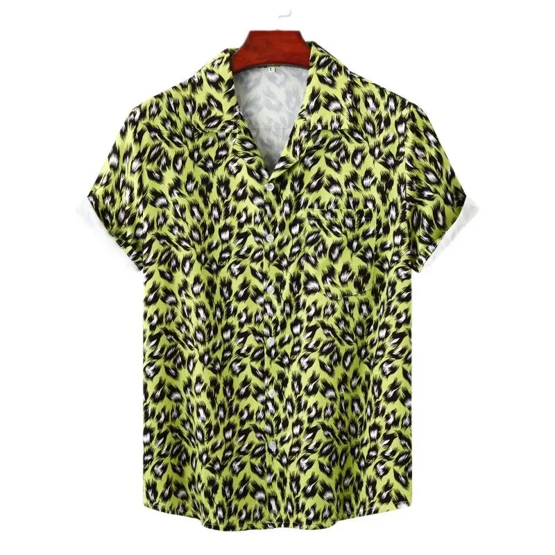 

Green Leapord Print Hawaiian Shirts for Men Summer Short Sleeve Cuban Collar Beach Shirt Loose Casual Holiday Party Clothing 3XL