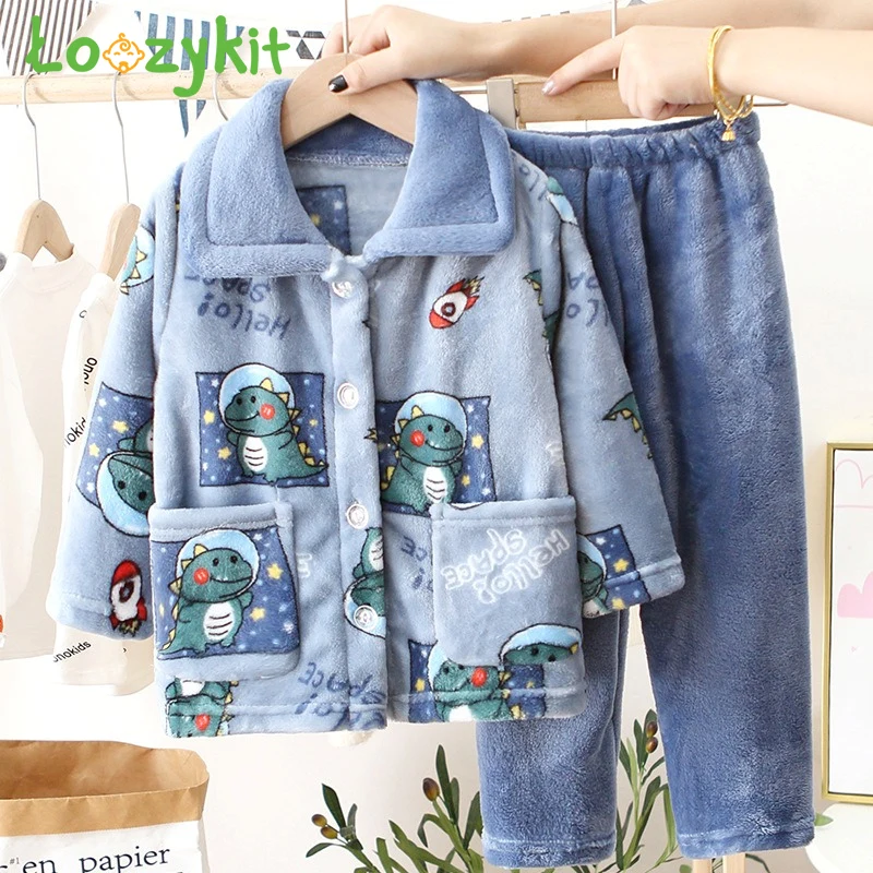 

Kids Winter Soft Flannel Pajamas Clothing Sets Boys Girls Cartoon Thicken Warm Lapel Tops with Pants Pyjamas Sleepwear 1-12Y