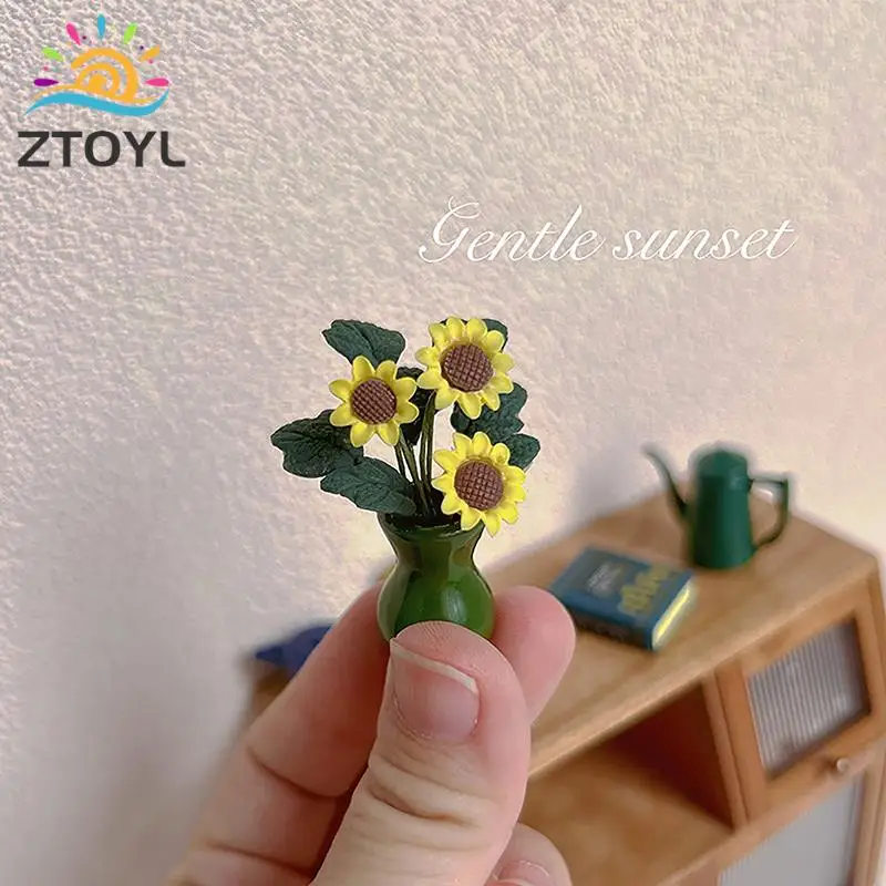

1 Pc 1:12 Dollhouse Miniature Sunflower Flower Vase Set Model Decor Accessories
