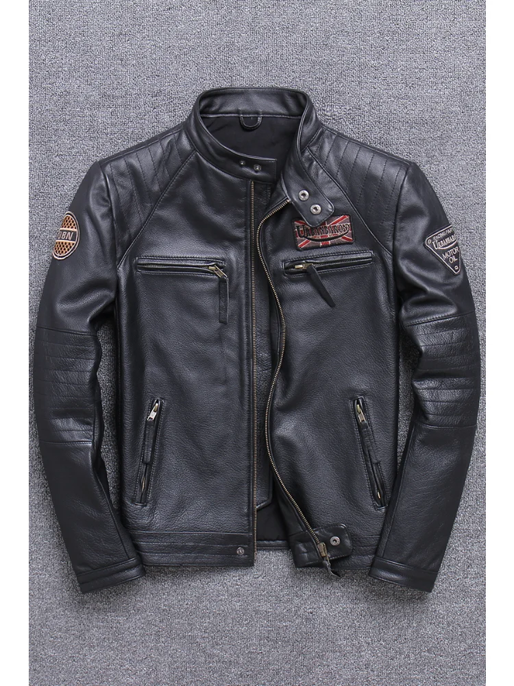 Locomotive Imported Distressed First Layer Pure Cattlehide Real Leather Clothes Men's Stand-up Collar Slim Fit Motorcycle Jacket enlarge