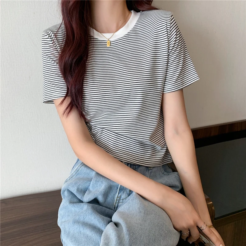 

Casual Striped Short Sleeve Women T-shirt 2022 New Summer O-neck Short Tops Japan Style Woman Basic Tee Shirt