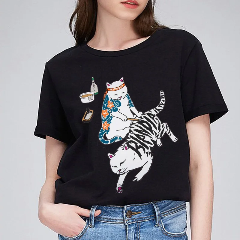 

Men's/women's Japan The Middle Finger Cats Cartoon printing T-Shirt Harajuku shirt Street lovers hip hop loose short sleeves Top