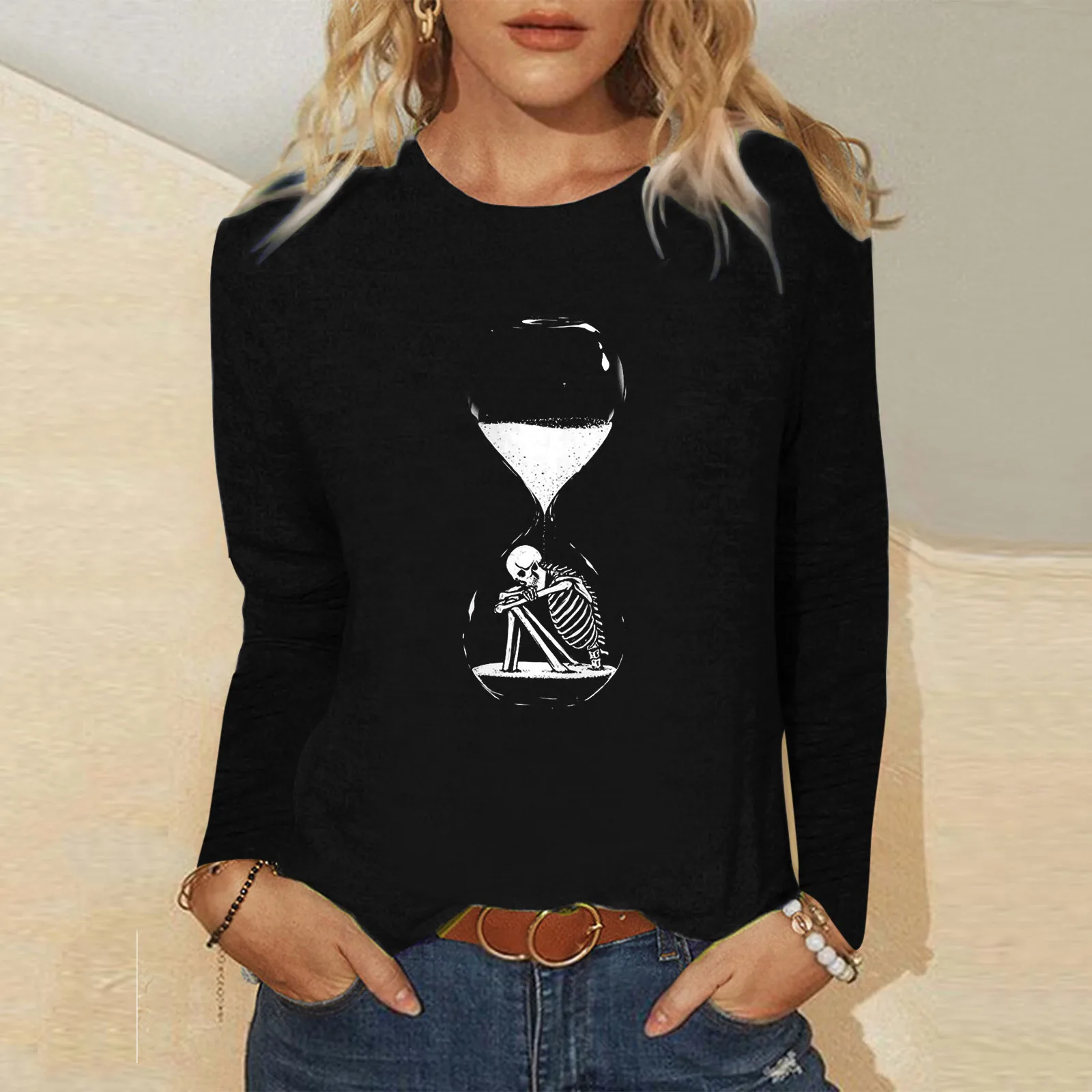 

Женская Повседневная рубашка с надписью, длинный нейлоновый топ с круглым вырезом и длинным рукавом, футболка с ложным воротником и V-образн...