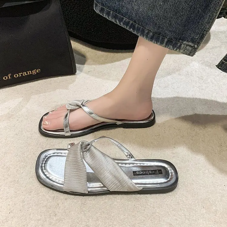 

Butterfly-Knot Slippers Women Summer Luxury Slides Female Shoes Low Designer 2023 Butterfly-knot Square heel PU Rubber Basic