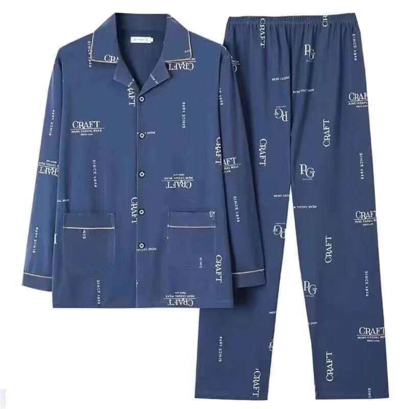 

Роскошная мужская пижама на весну и осень, Кардиган с длинным рукавом и лацканами из 100% чистого хлопка, Свободный Повседневный домашний комплект одежды большого размера