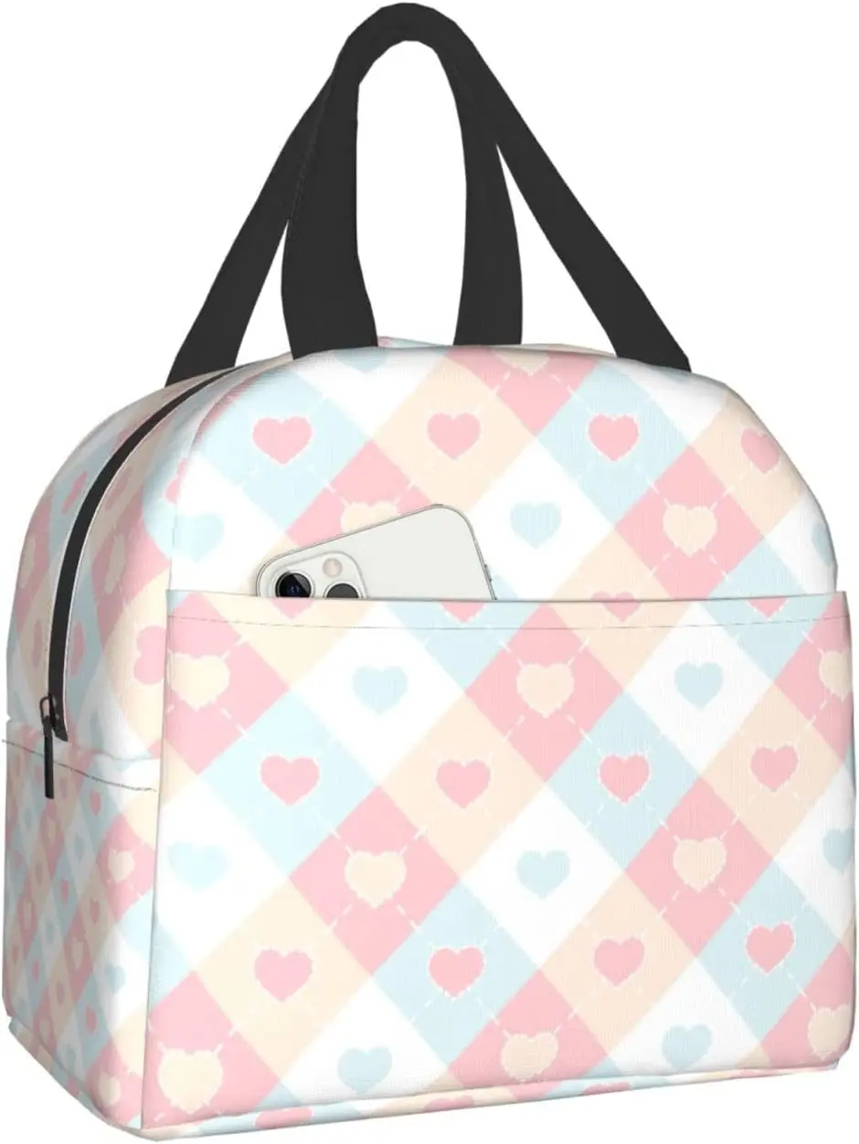 

Insulated Lunch Bag Reusable Cooler Thermal Valentine'S Day Colorful Hearts Checkered Tote Bag With Front Pocket For Picnic