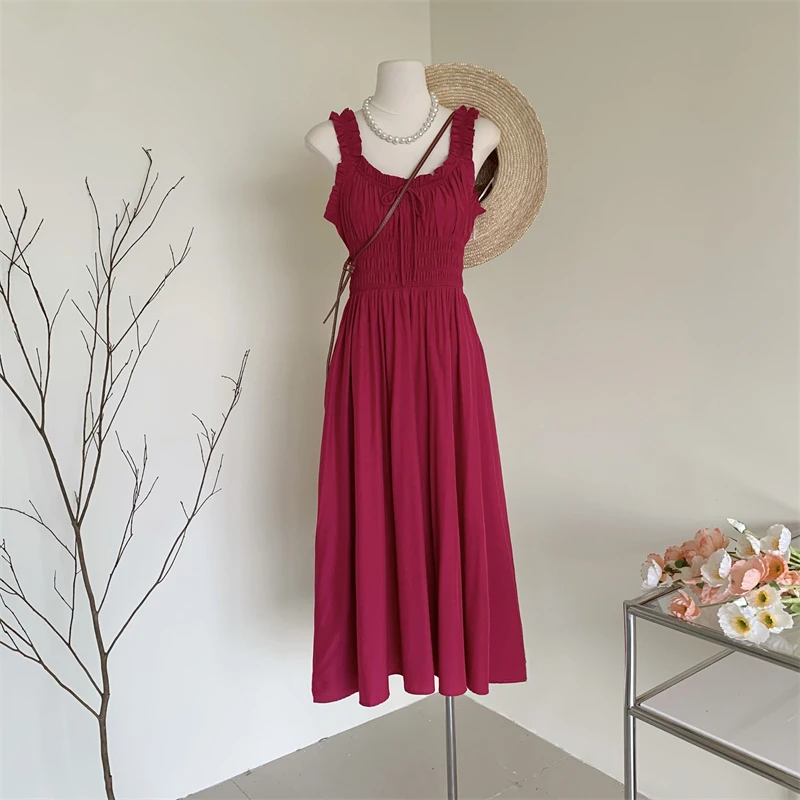 Женское ТРАПЕЦИЕВИДНОЕ платье без рукавов розово-красное винтажное длинное с