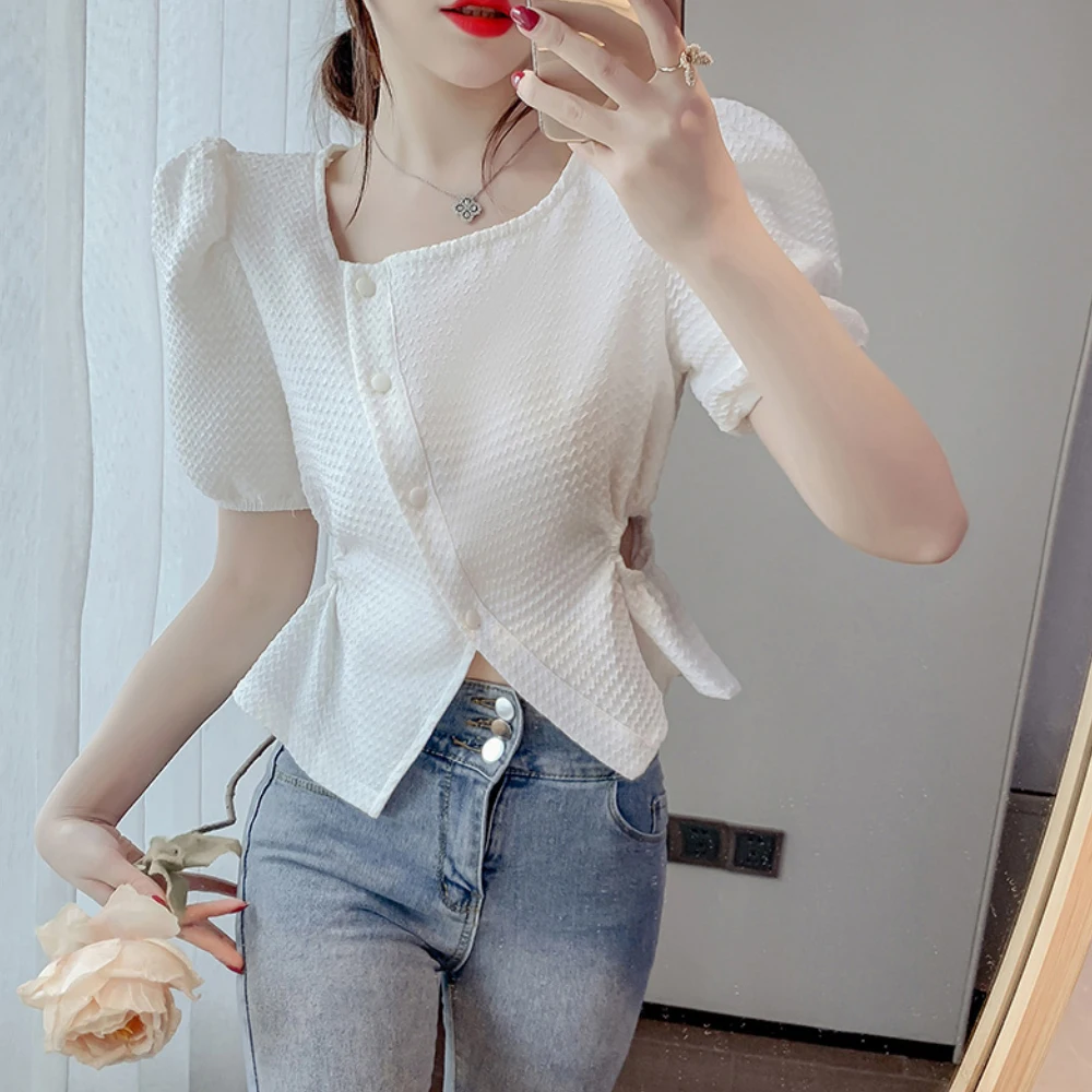 

Ladies And Girls Summer Short Shirts Korean Fashion Casual Irregular Slim Women Tops 2022 New Fashion Woman White Blouses