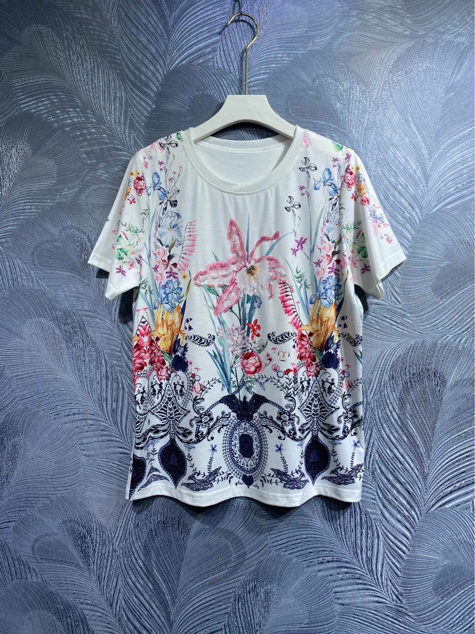 2023 Spring Summer Chic Women's High Quality Floral Print Beading Tee Tops B890