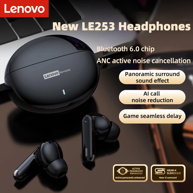 Фото Новые беспроводные наушники Lenovo LE253 TWS Bluetooth 6.0, HiFi-звук, шумоподавление ANC, для игр, звонков, спорта, с микрофоном №5