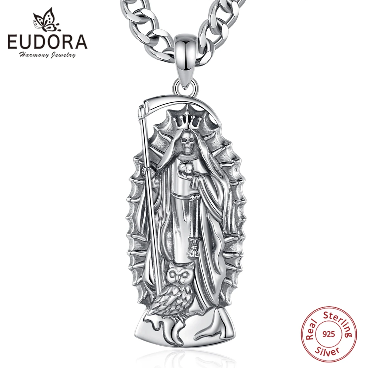 Фото Ожерелье Eudora из стерлингового серебра 925 пробы Santa Muerte, коса Святой смерти, мексиканский кулон, изысканные индивидуальные украшения для женщин и мужчин, подарок №1