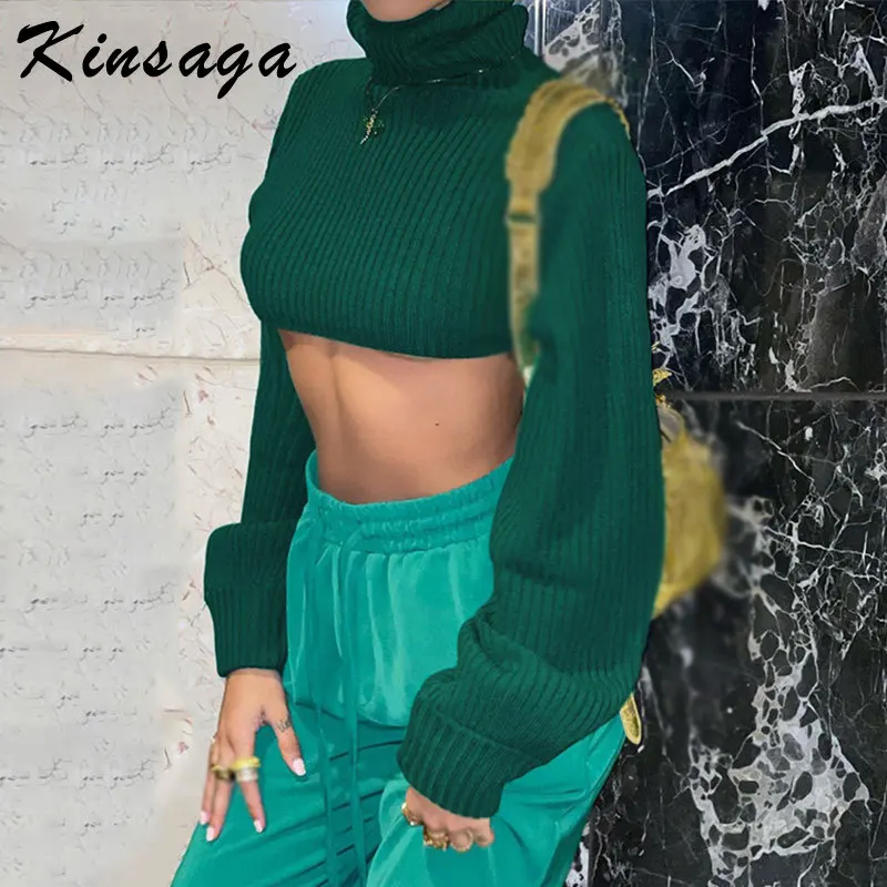 

E-girl Y2k Long Sleeve Turtleneck Green Crop Sweater Vintage Fairycore Backless Oversized Pullover Women Loose Ribbed Knit Tops