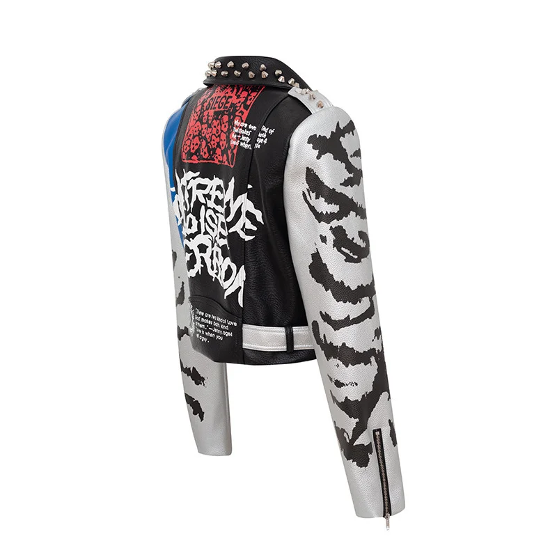 Enlarge New Graffiti Print Women'S Coat Color Contrast  Slim Fit Motorcycle Leather  Rivet Short Personalized Fashion Trend