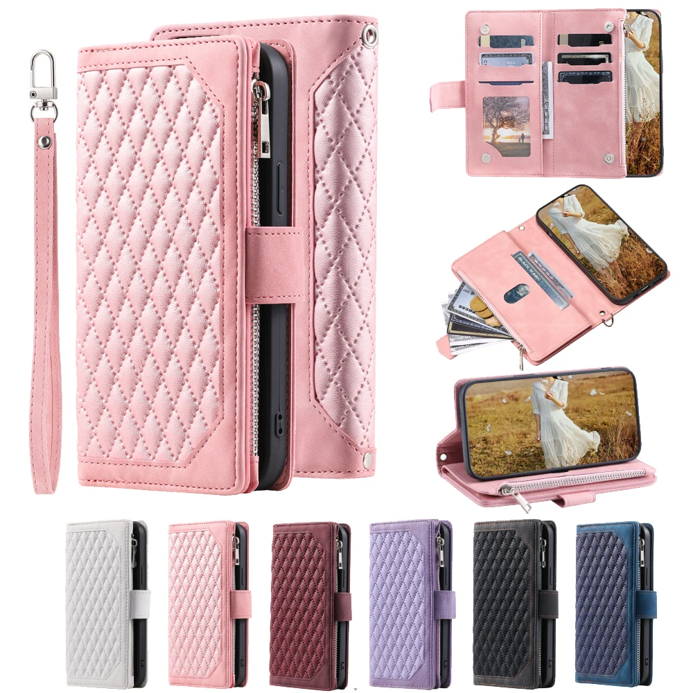 

For Oppo Find X2 Pro Fashion Small Fragrance Zipper Wallet Leather Case Flip Cover Multi Card Slots Cover Folio with Wrist Strap