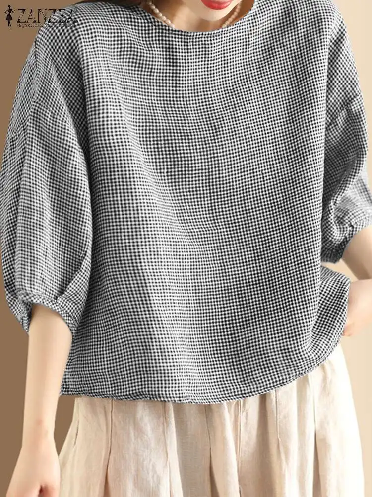 Блузка ZANZEA Женская в клетку Повседневная рубашка с круглым вырезом
