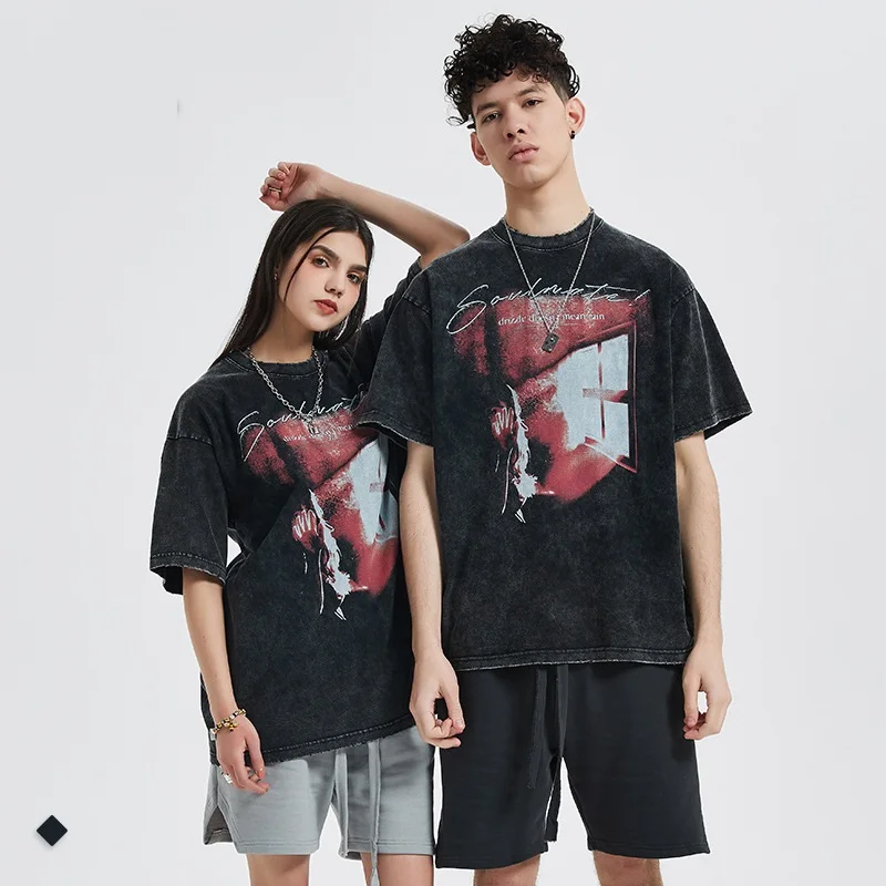 

New window printed T-shirt women's Streetwear hip hop casual short sleeve washed retro cotton men's T-shirt men's pullover