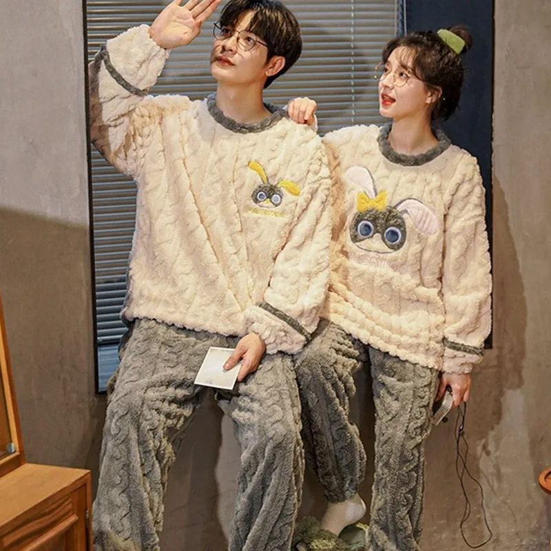 QUHENG Pajamas Set for Women Man Winter Long Sleeve Couple Thick Warm Flannel Pajama Sets for Cartoon Sleepwear Women Clothes