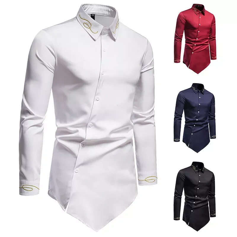 

New Hollow European Size Men's Trend Splicing Asymmetric Long-sleeved Shirt Western Denim Shirt Slim Fit Social Dress