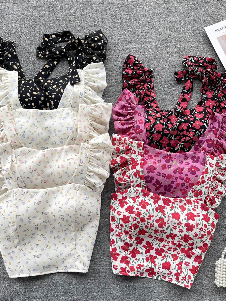 

YuooMuoo женские майки с романтическим цветочным принтом, тонкие укороченные топы без рукавов, корейские Нагрудные Женские майки с подкладкой