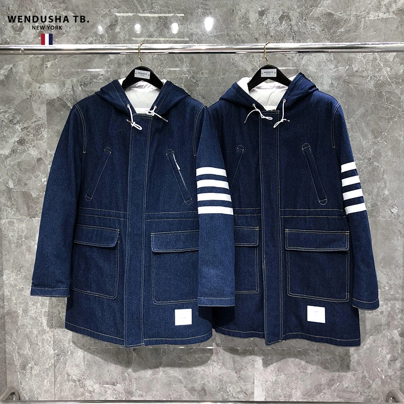 

TB Jacket Down Jacket Four Bar Denim Cotton Coat Medium Length Down Cotton Tb Male and Female Couple The Same Hooded Coat