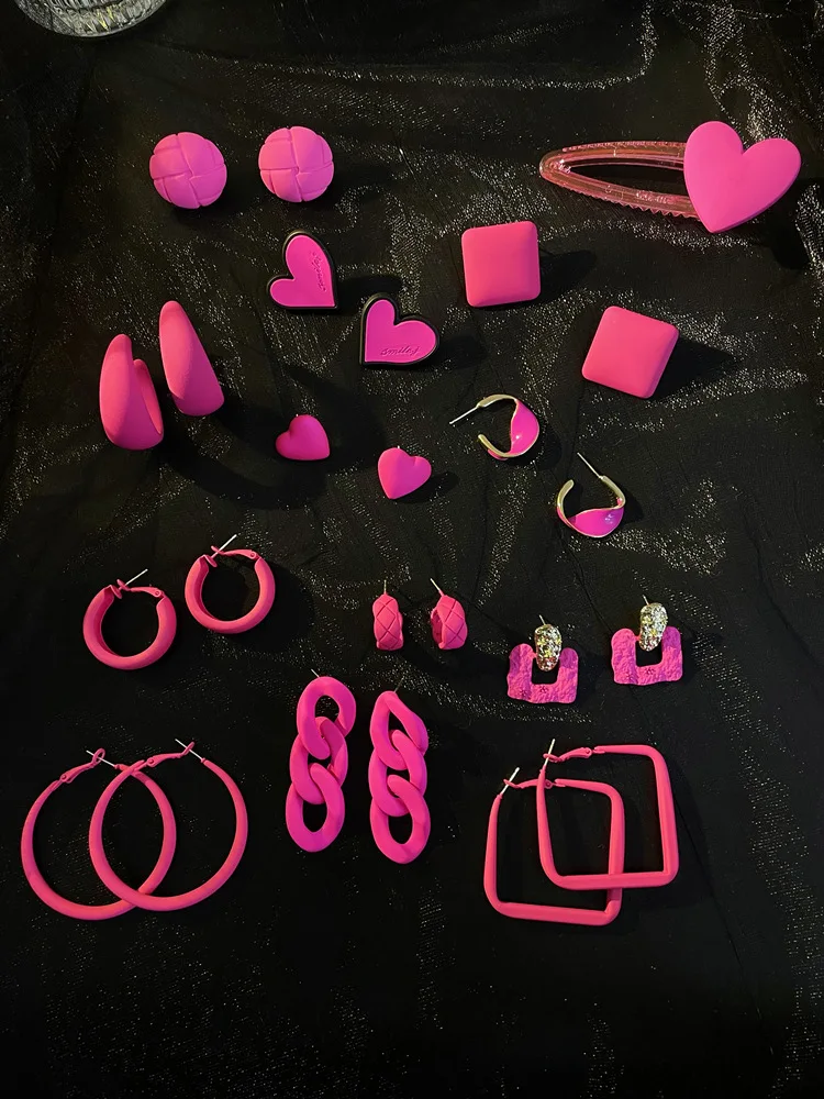 

Candy-colored Geometric Square Circle C-shaped Earrings New Tide Fluorescent Rose Red Ear Clip Female Without Ear Holes
