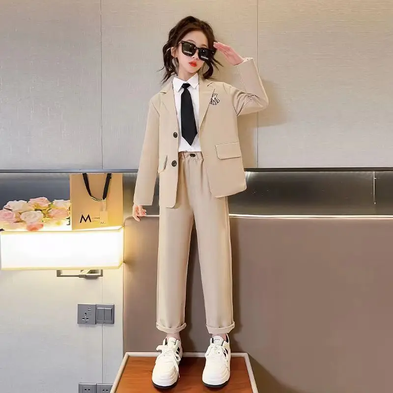 

Kids Girs Suit Blazer+Pants Two Piece Black Khaki Spring Autumn Korean Children Casual Formal Soft Clothing Set 5 To 14 Years Ol