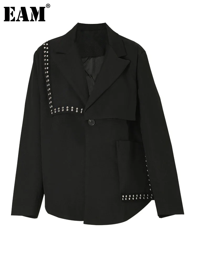 

[EAM] Loose Fit Black Irregular Rivet Big Size Jacket New Lapel Long Sleeve Women Coat Fashion Tide Spring Autumn 2023 1DF3046