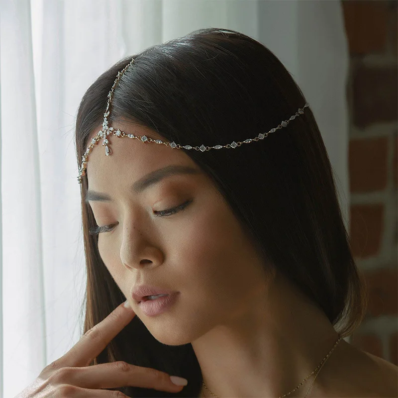 Stonefans Cubic Zirconia Leaf Forehead Head Chain Boho Headpiece Wedding Accessories Hair Jewelry For Women Bridal Head Chains