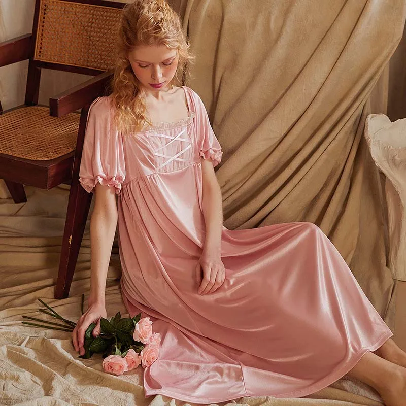 Roseheart Summer Women Homewear Female Pink Sexy Sleepwear Nightdress Lace Nightwear Nightgown Homewear Luxury Gown