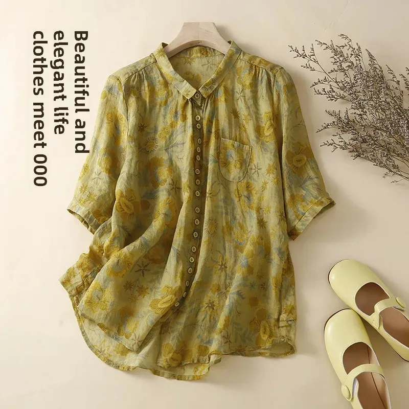 Лето 2022 новая рубашка из конопли цветочного цвета женская свободная со средним