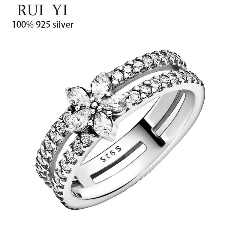 

2021 New 925 Sterling Silver Glittering Snowflake Double Ring Pan Ring Is Suitable For Women's Gift Wedding Diy Jewelry