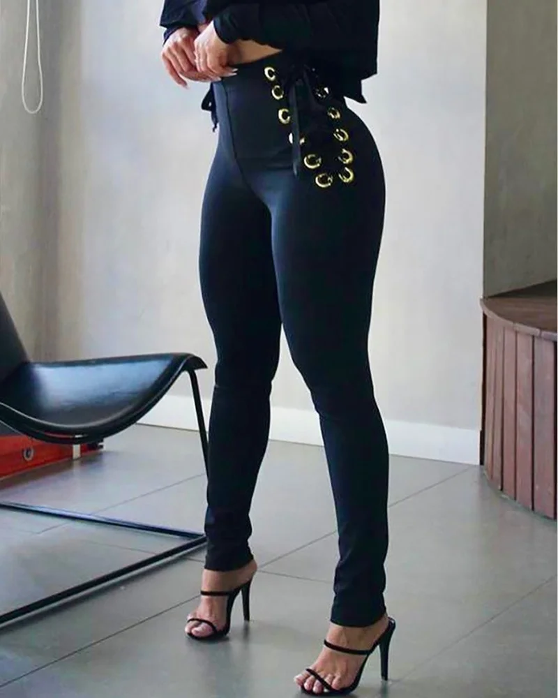 

2023 High Waist Eyelet Lace-up Tied Detail Skinny Pants