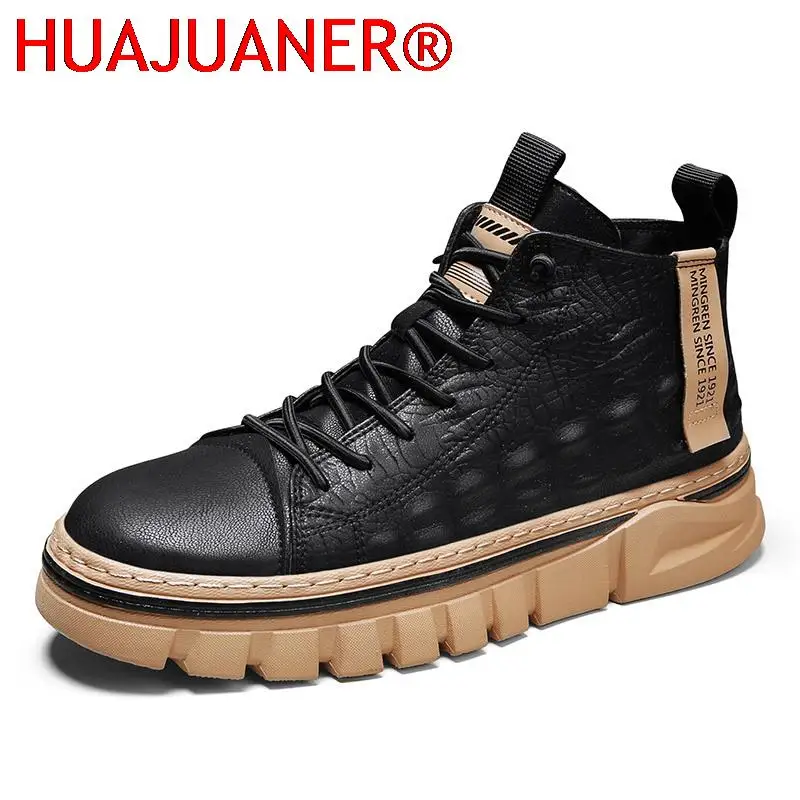 

New Martin Boots Men Leather Autumn Winter Casual Shoes Motorcycle Lace Up Ankle Boots Man Platform Fashion Black Mid Top Boots