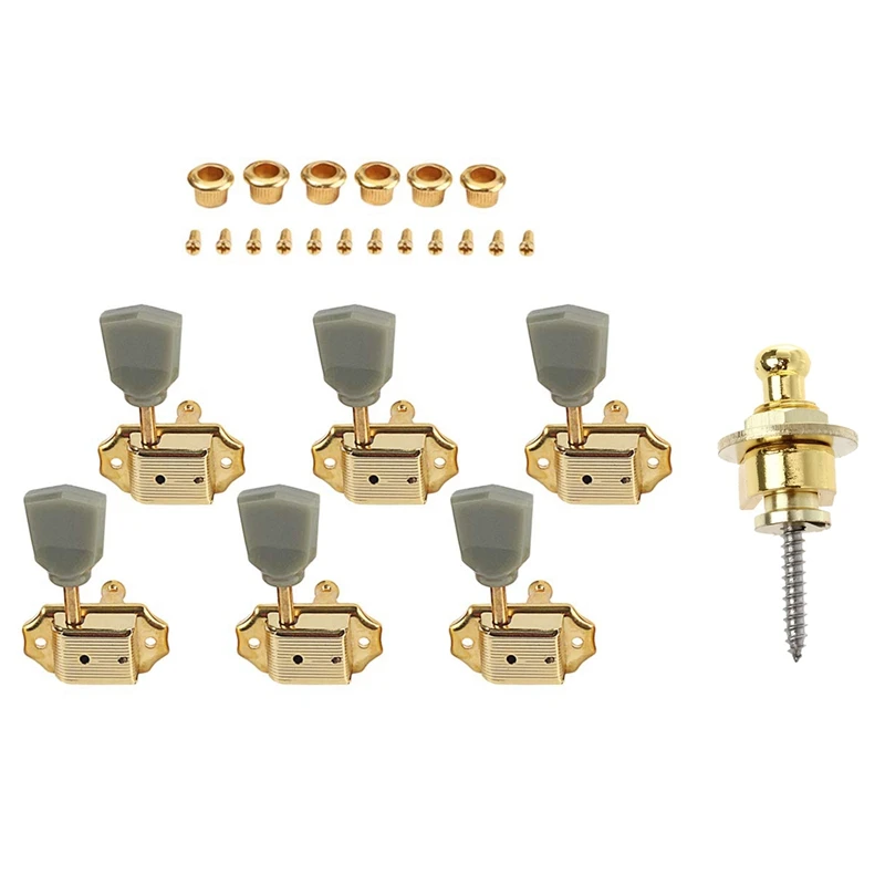 

2 комплекта, детали для гитары: 1 ремень безопасности и 1 комплект золотистых колышков для тюнинга головки гитарной машины золотистого цвета