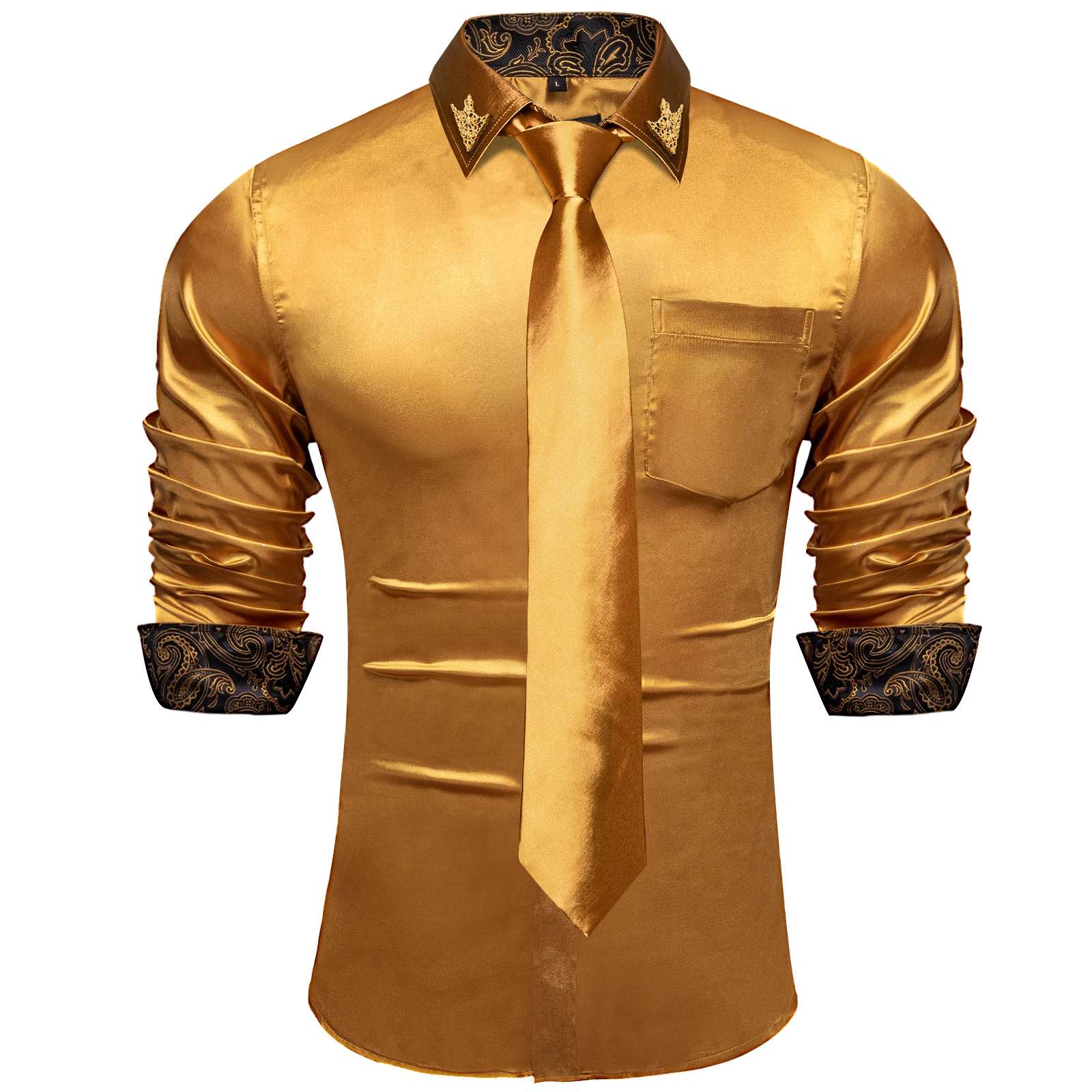 

Gold Yellow Luxury Party Shirts For Men Wedding Men Shirt Hanky Tie Suit Spring Automn Fashion Long Sleeve Formal Male Wear Gift