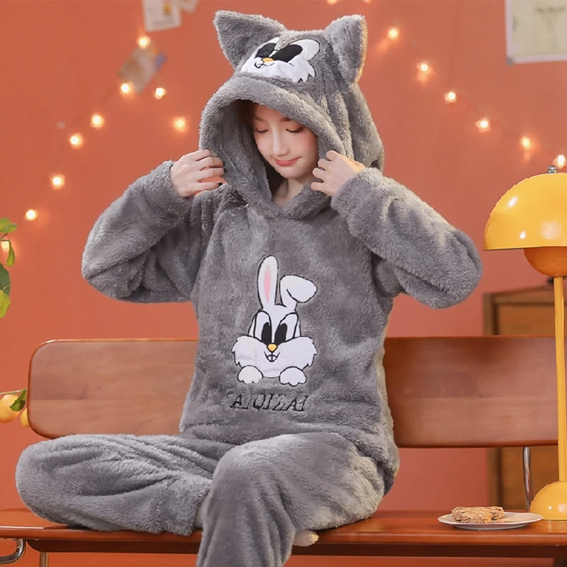 

Зимняя Пижама женская теплая Толстая плюшевая с капюшоном Милая мультяшная из двух частей Коралловая флисовая женская одежда для отдыха