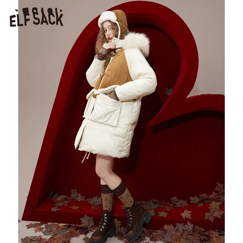 ELFSACK Collar Detachable Spliced Down Coats Women 2022 Winter Warm Mid-length Outwears