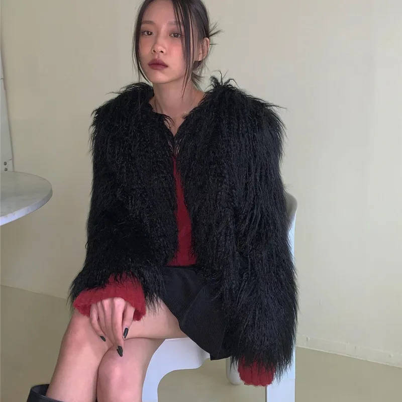 Winter Faux Fur Thick Warm Fur Coat Women's Korean Cardigan Round Neck Plush Coat Women's Long Sleeve Solid Color Coat