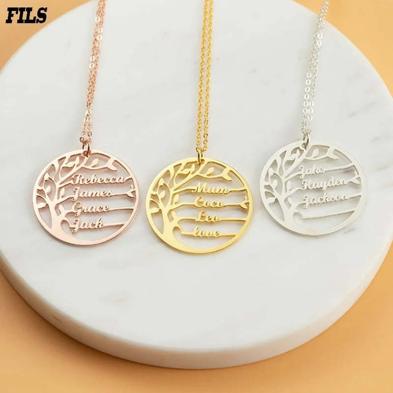 Custom Tree of Life Necklace for Women Stainless Steel Family 1-4 Names Round Pendant Necklaces Jewelry Parents Christmas Gifts